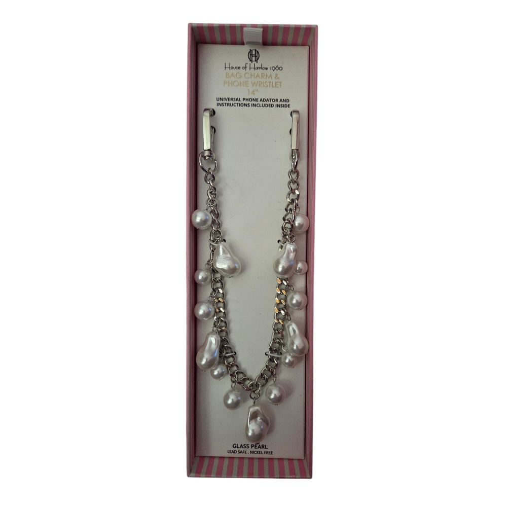 House of Harlow 1960 - NEW Silver & Pearl 14" Bag Charm OR Cell Wristlet Glass